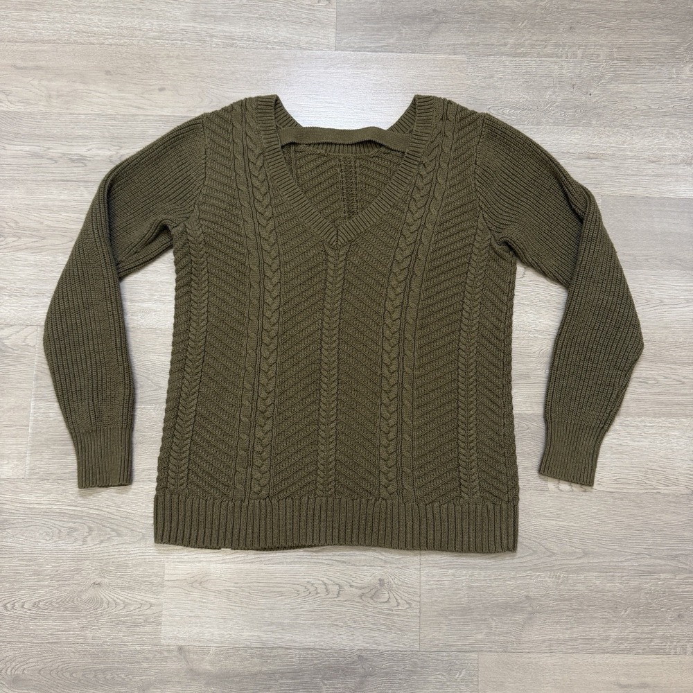 Abercrombie & Fitch‎ Cable Knit Sweater Womens M Olive V Neck Yoke Strap